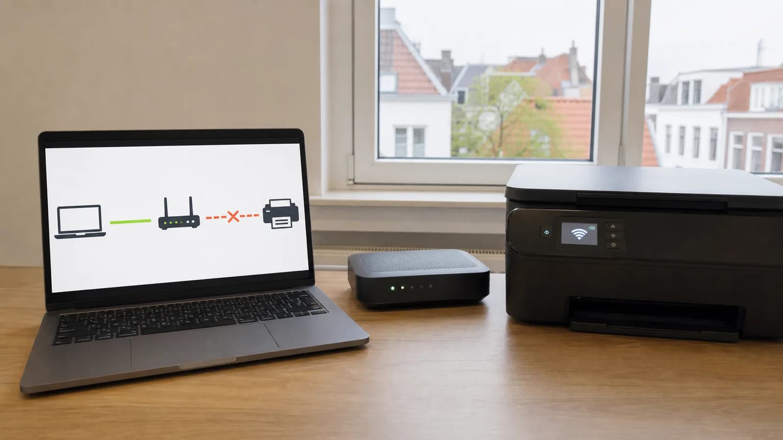 Laptop, wifi-router en printer met een zichtbaar verbroken traject tussen router en printer