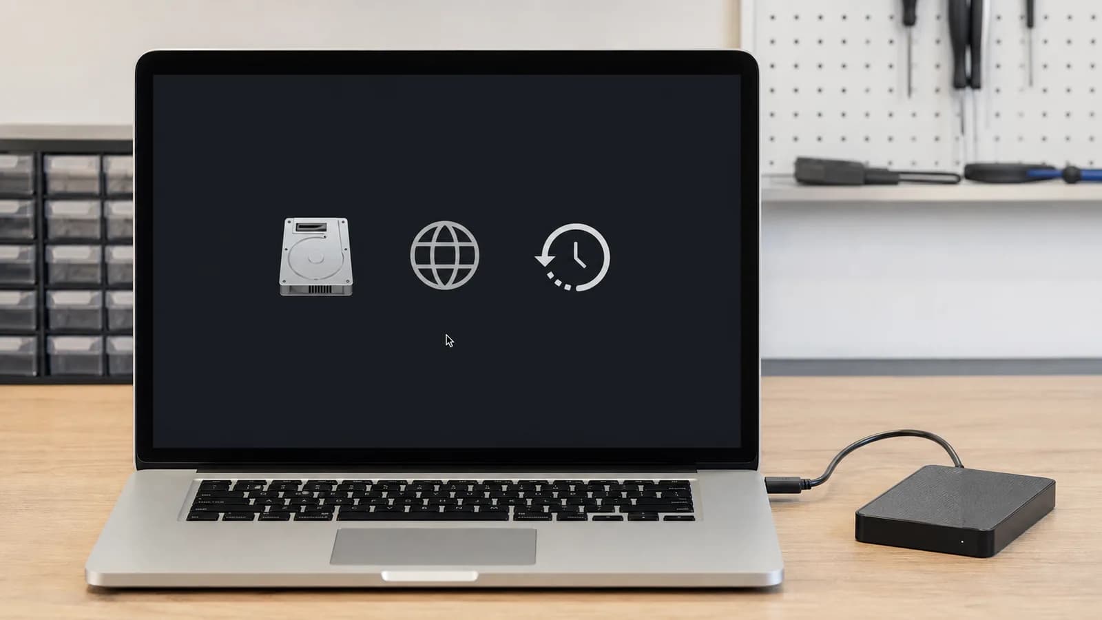 Mac-laptop met herstelkeuzes voor interne opslag, netwerkherstel en back-up, naast een aangesloten schijf