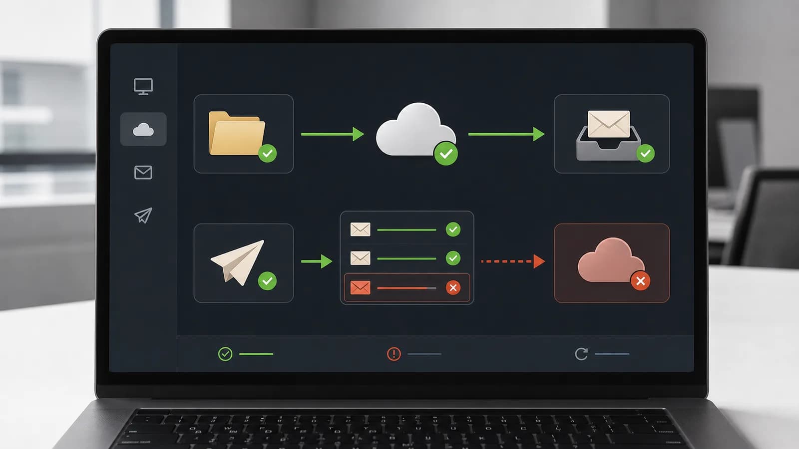 Laptop met een diagnostische route tussen lokale map, cloud en e-mailwachtrij