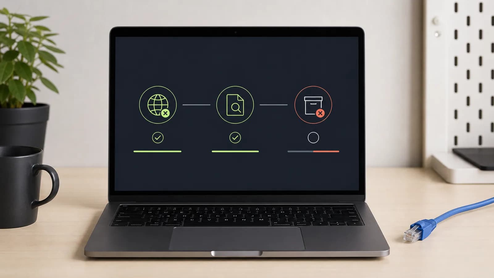 Laptop met een stapsgewijze veiligheidscontrole van internetverbinding, bestanden en quarantaine