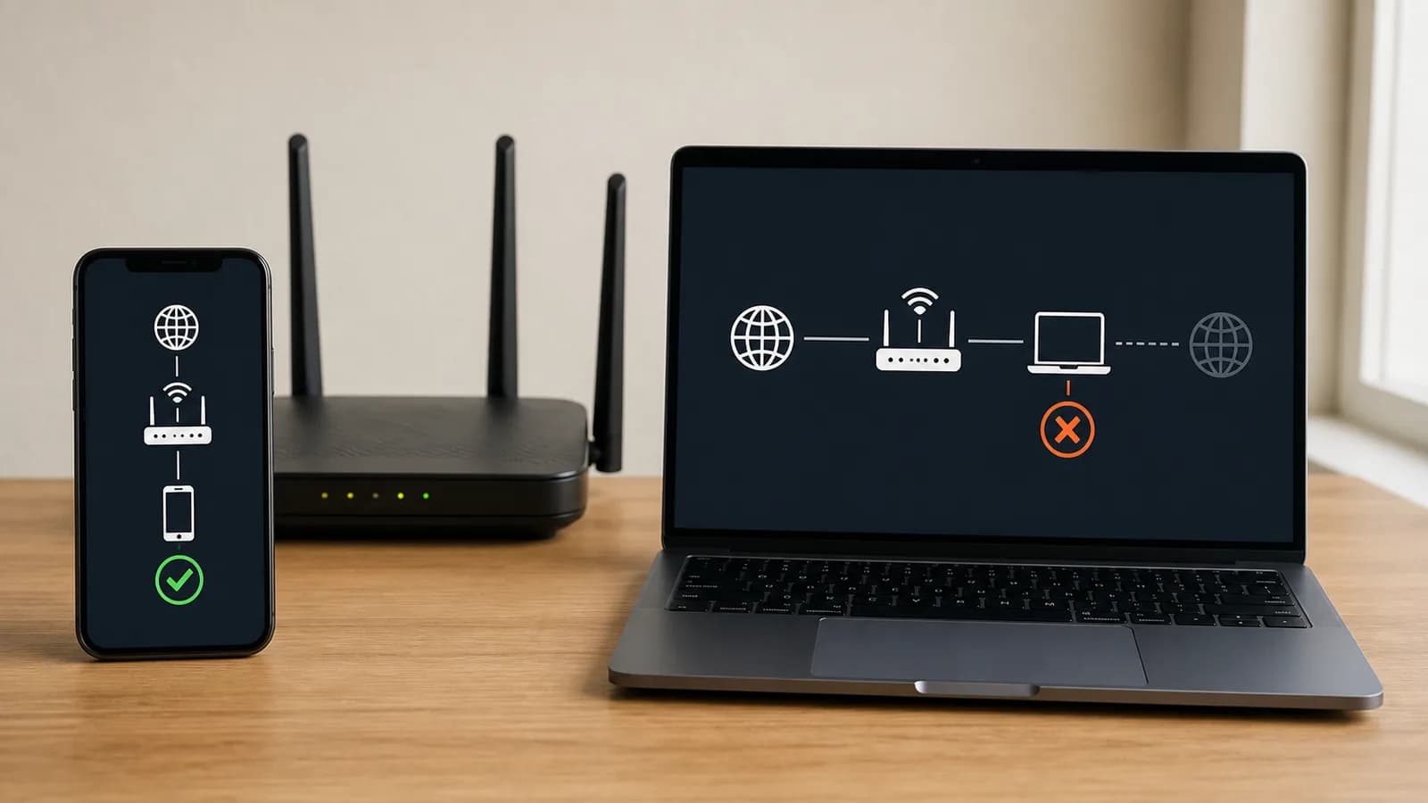 Telefoon met werkende wifi naast een laptop waarop de netwerkverbinding bij de adapter stopt