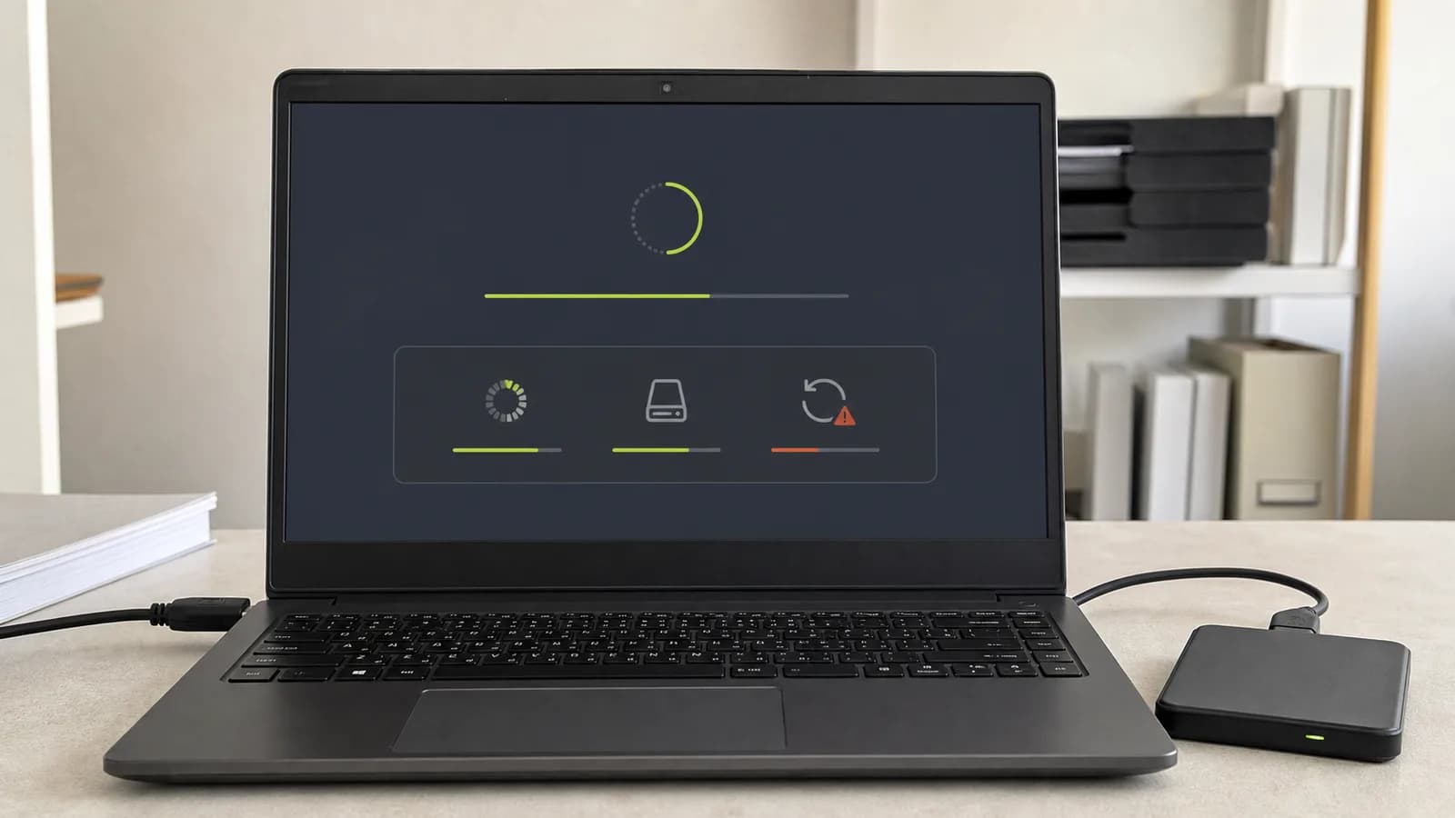 Laptop met een onderbroken Windows-update, herstelstatus en aangesloten back-upschijf