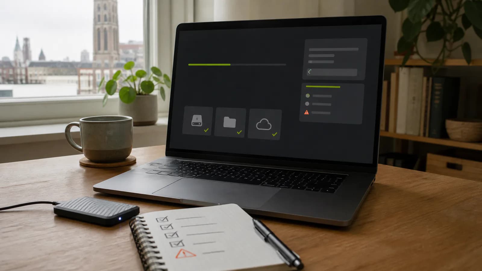 Laptop tijdens een veilige Windows-opstartdiagnose met een externe back-upschijf en controlelijst