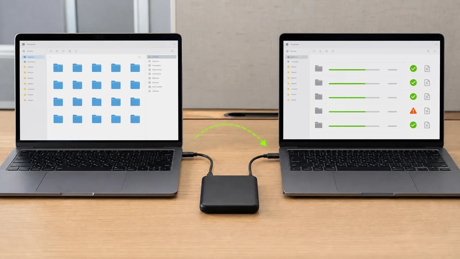 Twee laptops en een externe schijf tijdens gecontroleerde gegevensoverdracht met bestandscontrole